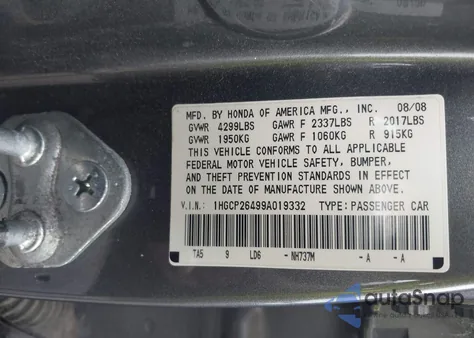 2009 Honda Accord 2.4 Lx-P из США, поврежденный, VIN 1HGCP26499A019332